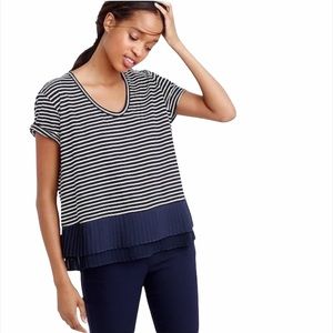 J. Crew Pleated Chiffon Hem Navy Stripe Short Sleeve Shirt Nautical Preppy